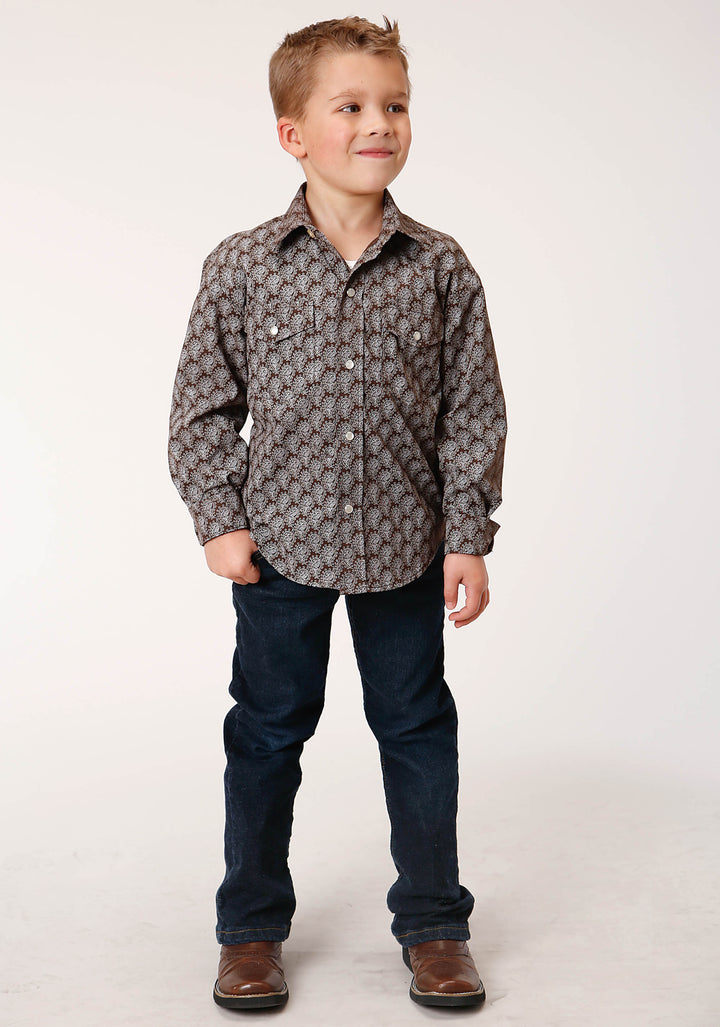 BOYS LONG SLEEVE SNAP CHOCOLATE AND CREAM TEAR DROP PRINT WESTERN SHIRT
