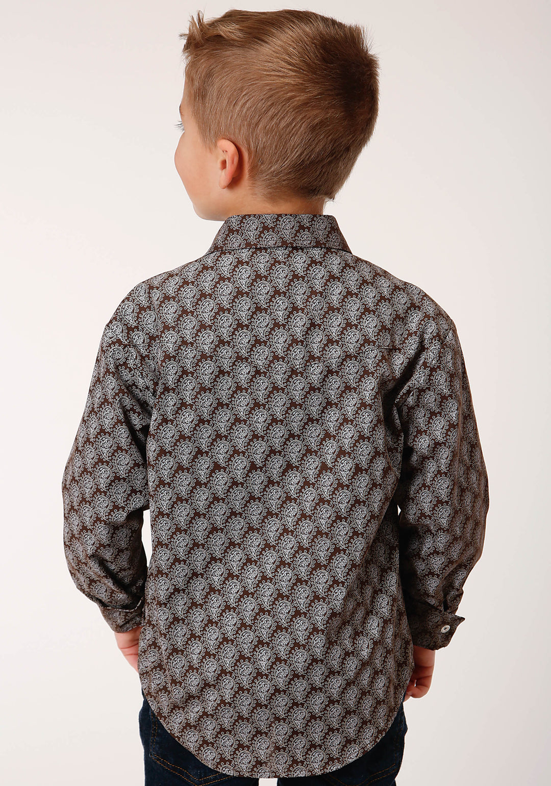 BOYS LONG SLEEVE SNAP CHOCOLATE AND CREAM TEAR DROP PRINT WESTERN SHIRT