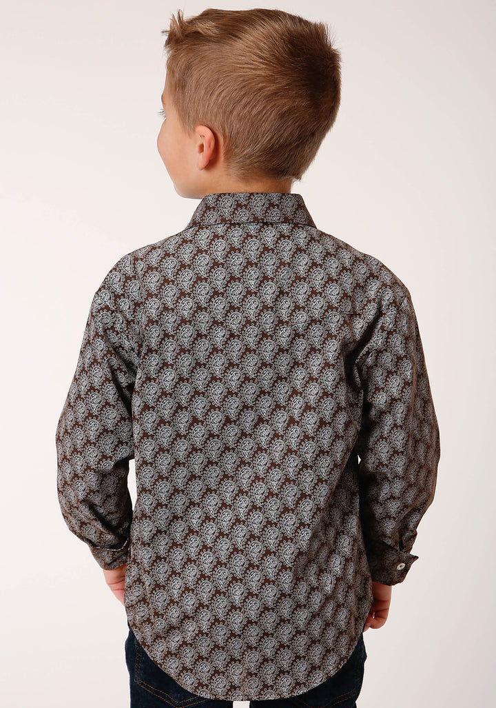 BOYS LONG SLEEVE SNAP CHOCOLATE AND CREAM TEAR DROP PRINT WESTERN SHIRT