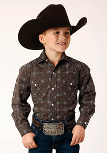 BOYS LONG SLEEVE SNAP BROWN WHITE RETRO PRINT WESTERN SHIRT