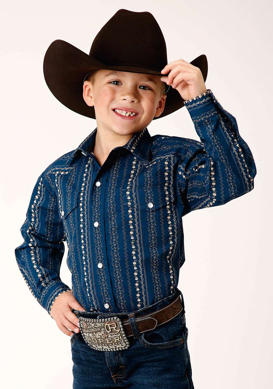 BOYS LONG SLEEVE SNAP NAVY KHAKI FLORAL WALLPAPER PRINT WESTERN SHIRT