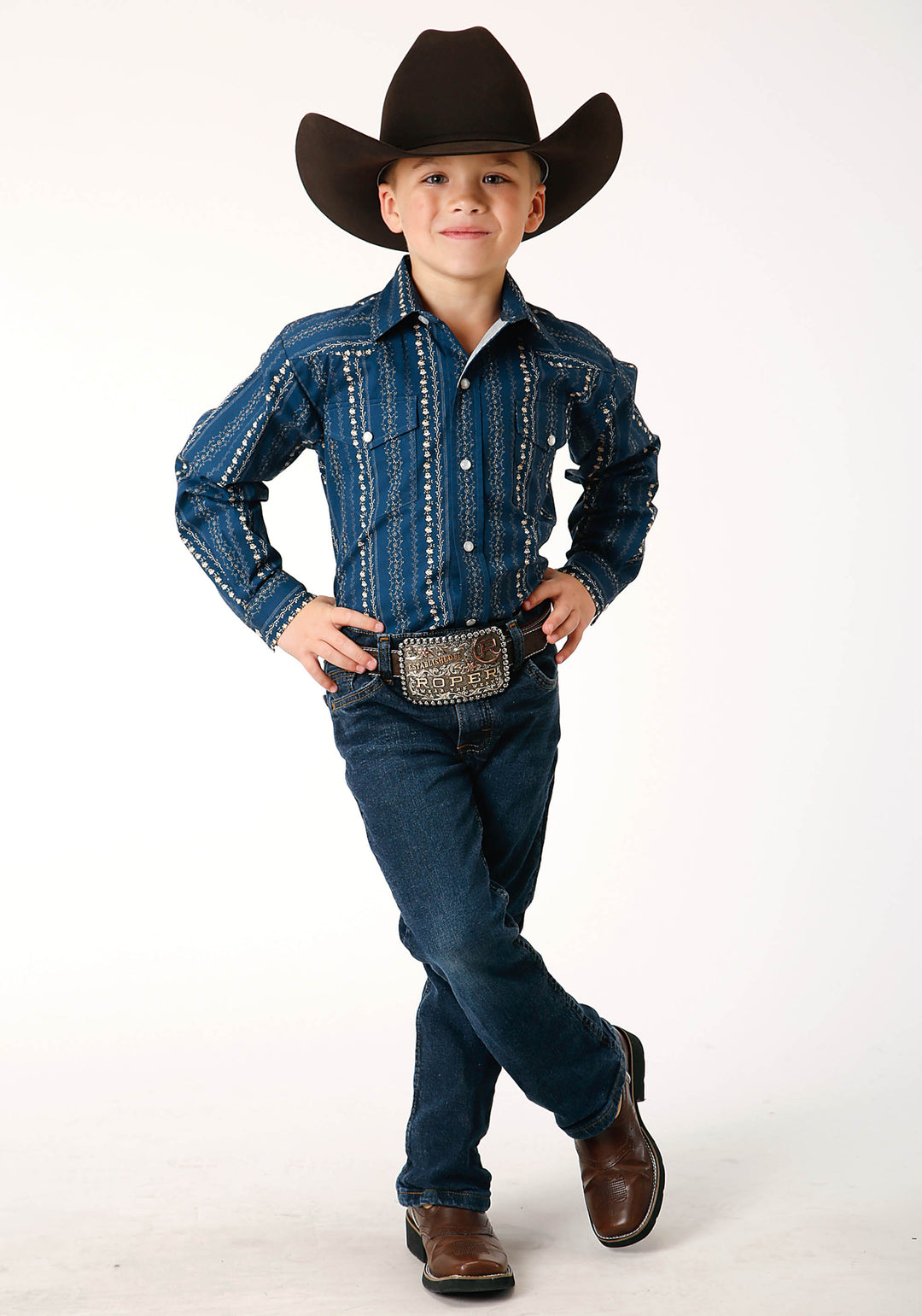 BOYS LONG SLEEVE SNAP NAVY KHAKI FLORAL WALLPAPER PRINT WESTERN SHIRT