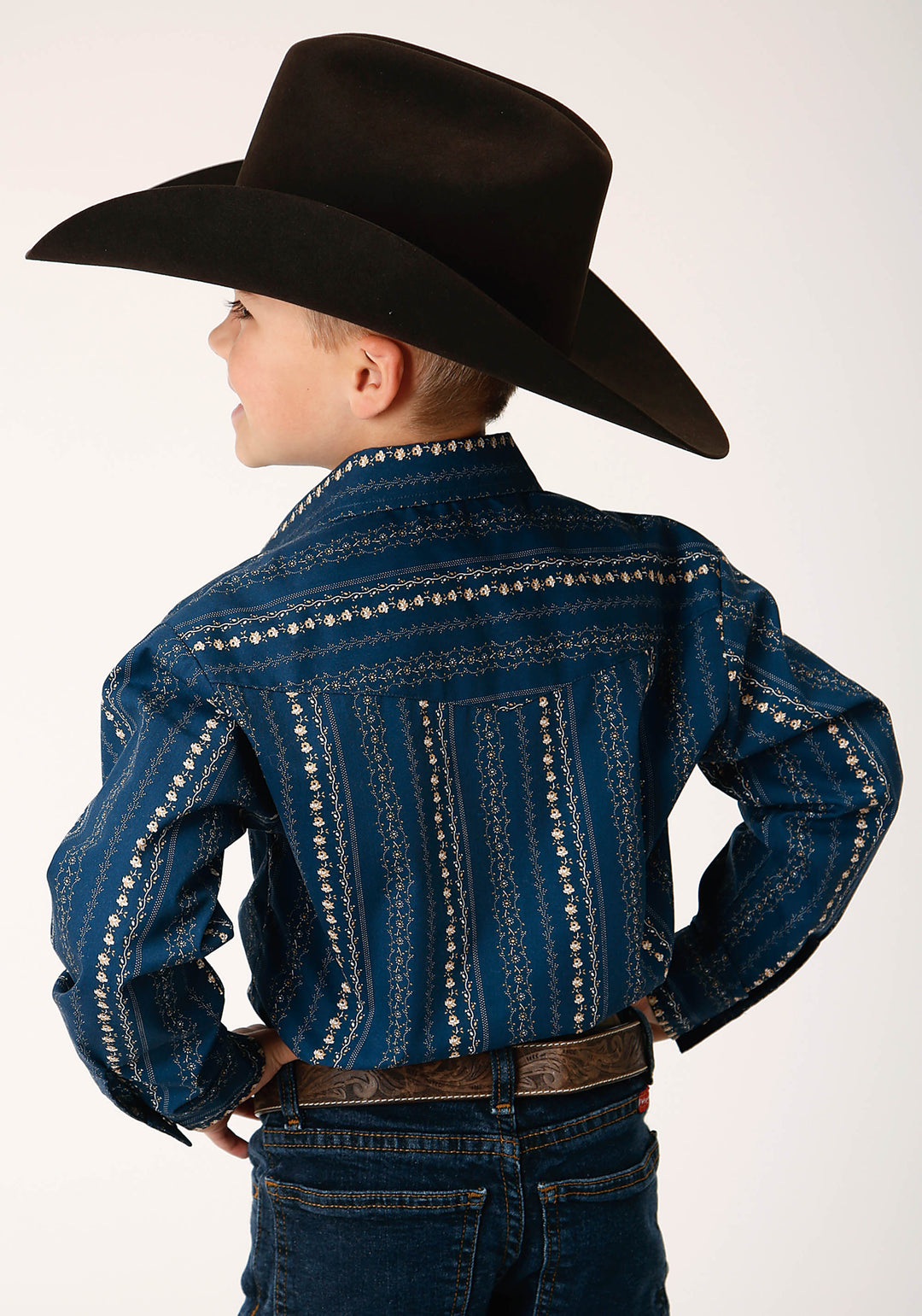 BOYS LONG SLEEVE SNAP NAVY KHAKI FLORAL WALLPAPER PRINT WESTERN SHIRT