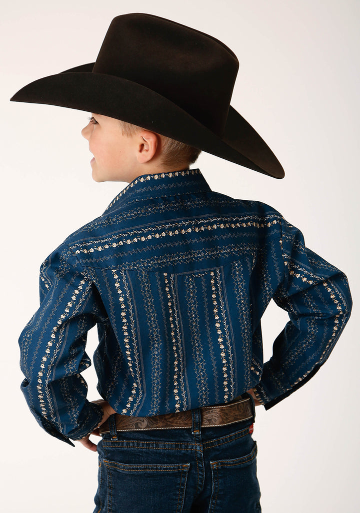 BOYS LONG SLEEVE SNAP NAVY KHAKI FLORAL WALLPAPER PRINT WESTERN SHIRT