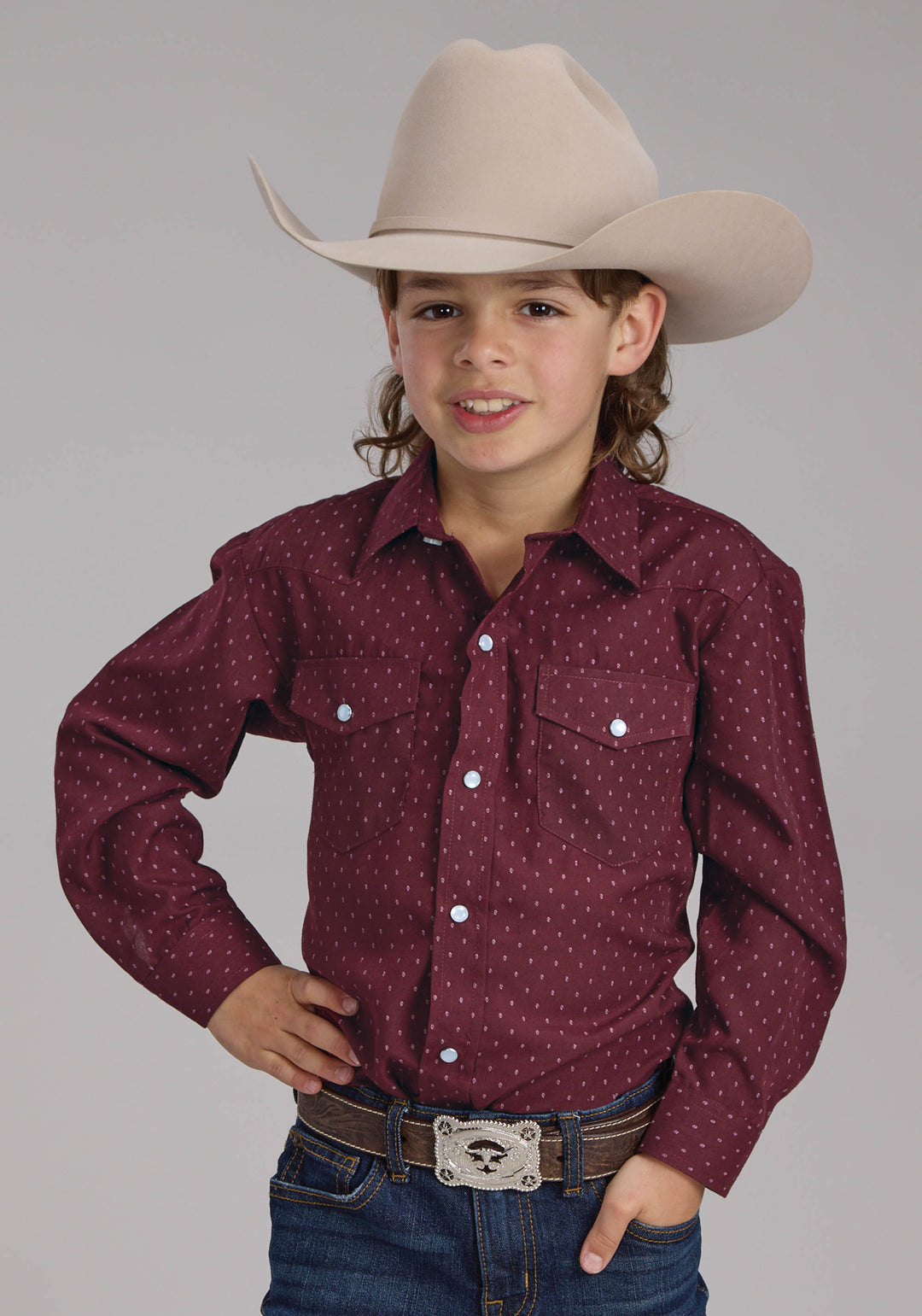 BOYS WINE DOT PRINT LONG SLEEVE SNAP WESTERN SHIRT