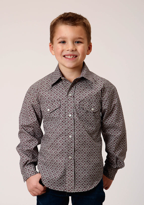 BOYS LONG SLEEVE SNAP WINE TAUPE RETRO PRINT WESTERN SHIRT