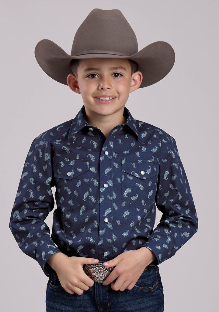 BOYS LONG SLEEVE SNAP BLUE PAISLEY WESTERN SHIRT