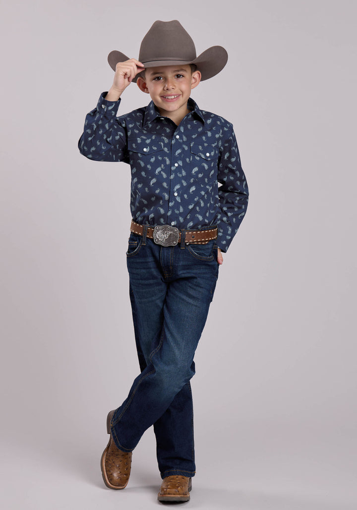 BOYS LONG SLEEVE SNAP BLUE PAISLEY WESTERN SHIRT