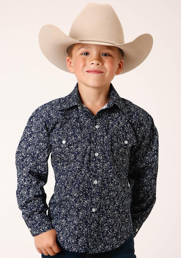 BOYS LONG SLEEVE SNAP NAVY AND WHITE FLORAL PRINT WESTERN SHIRT