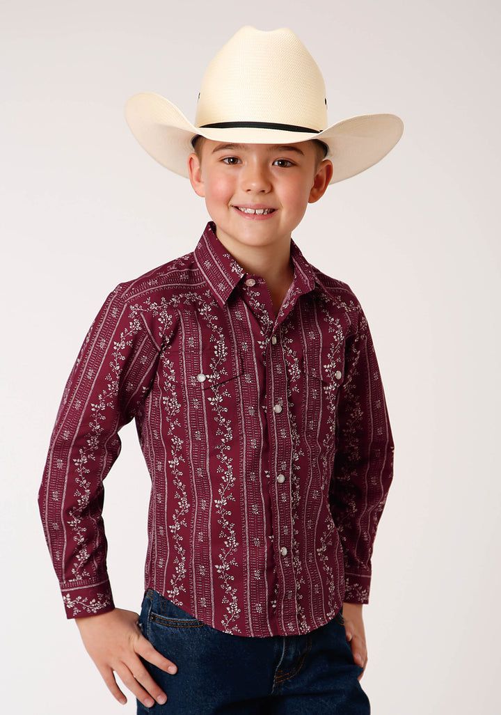 BOYS LONG SLEEVE SNAP BRICK RED AND CR WALLPAPER STRIPE WESTERN SHIRT