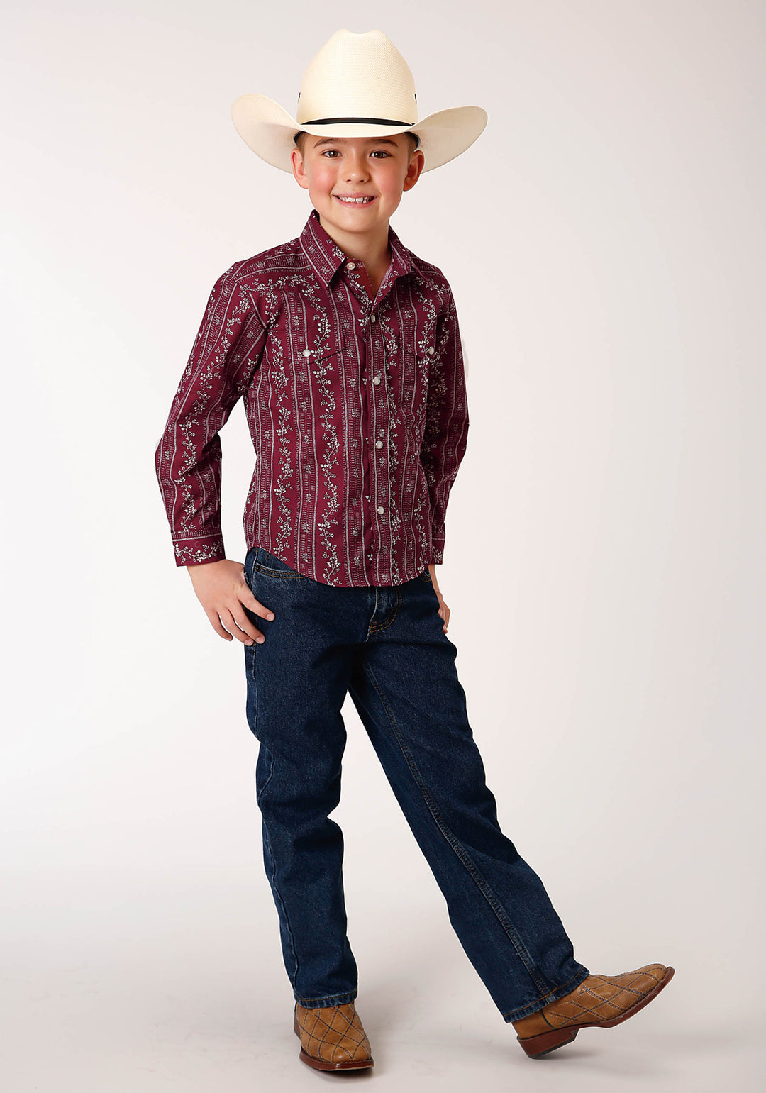 BOYS LONG SLEEVE SNAP BRICK RED AND CR WALLPAPER STRIPE WESTERN SHIRT