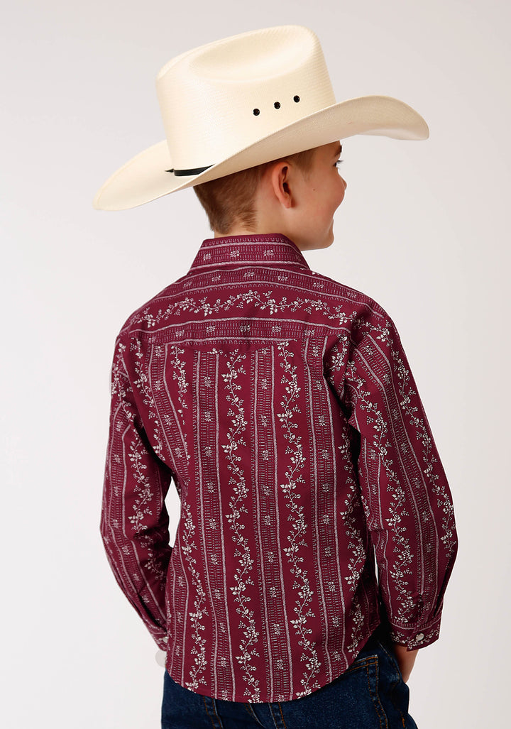 BOYS LONG SLEEVE SNAP BRICK RED AND CR WALLPAPER STRIPE WESTERN SHIRT