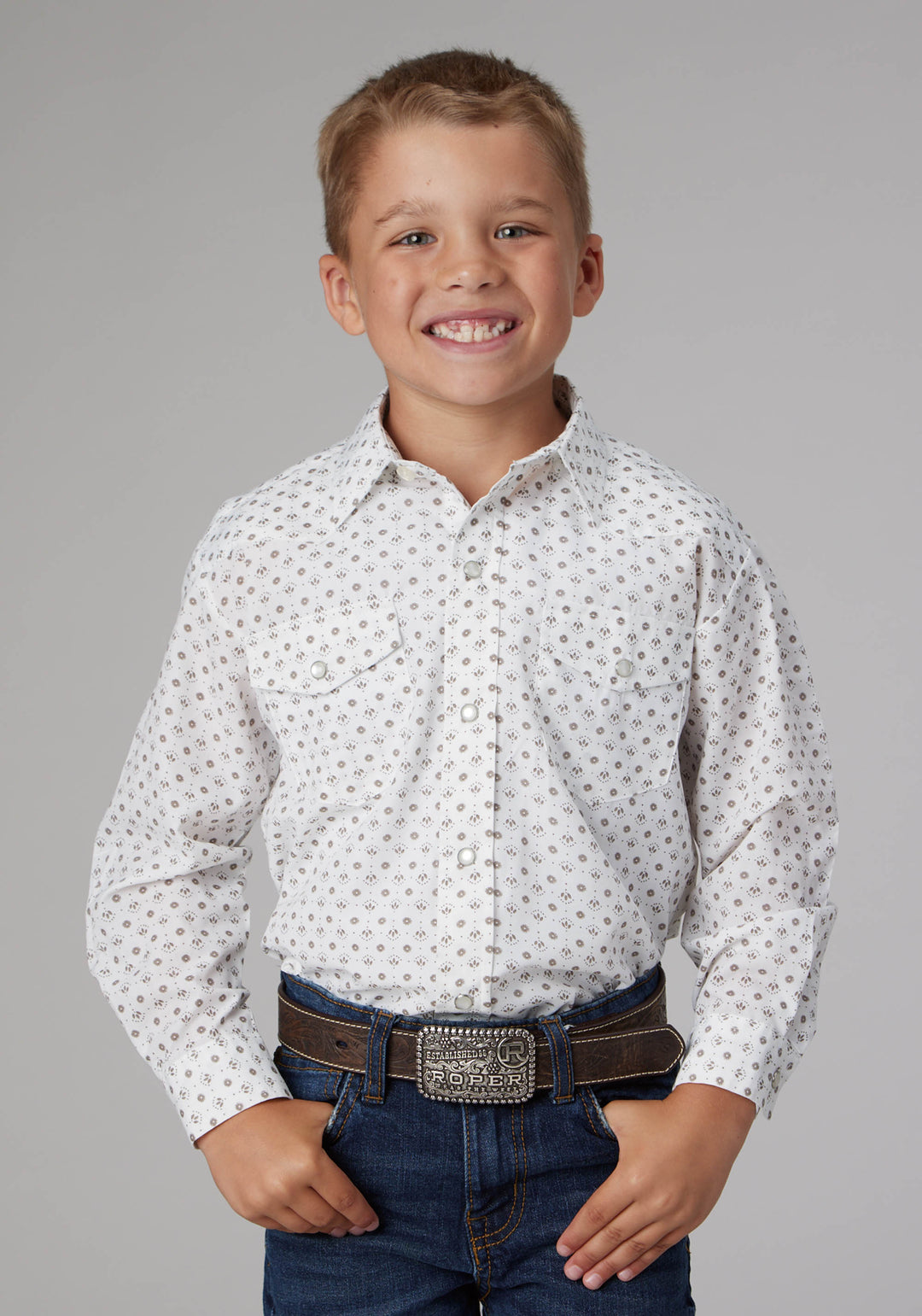 BOYS CREAM TAUPE MINI FLORAL PRINT LONG SLEEVE SNAP WESTERN SHIRT