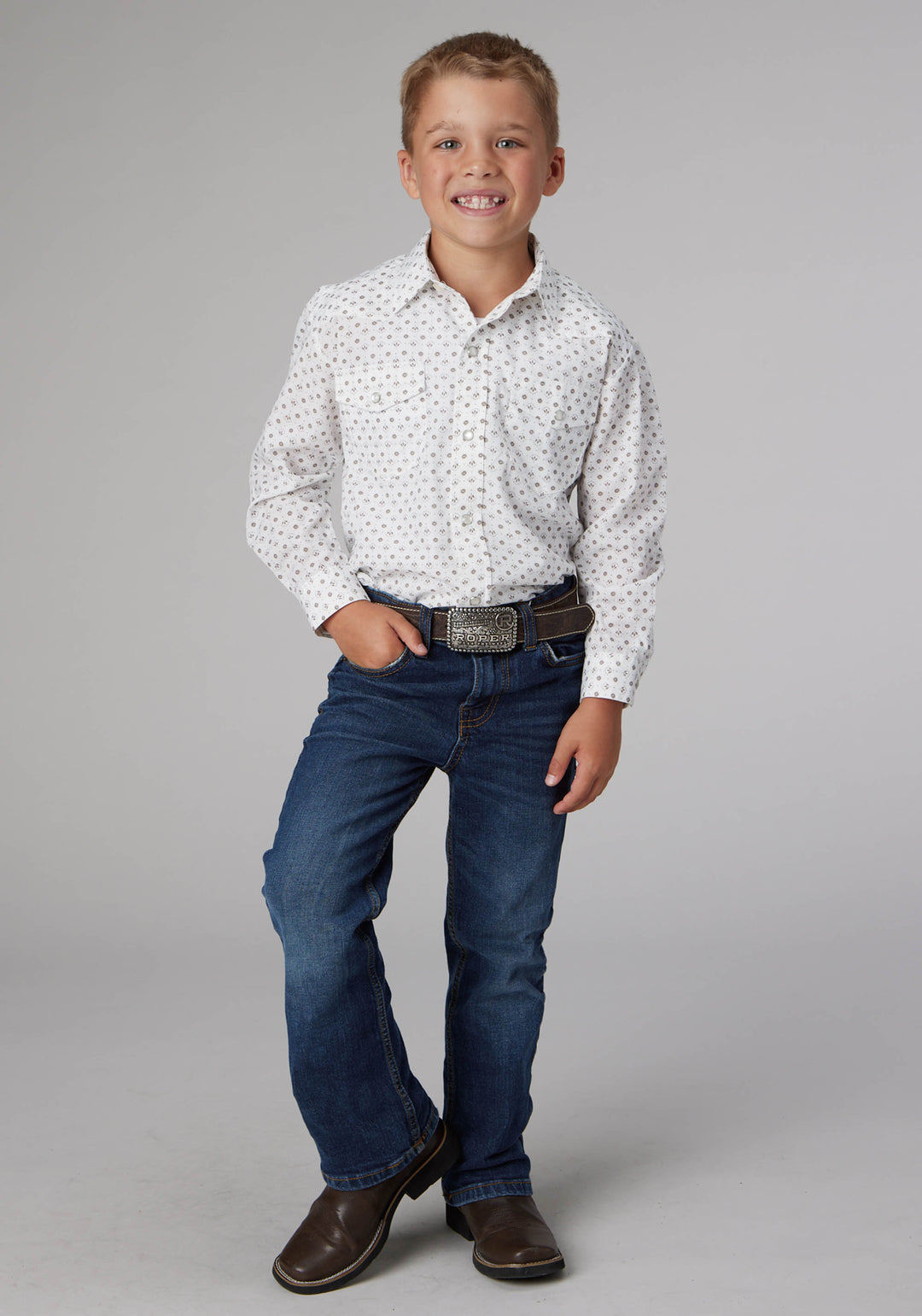BOYS CREAM TAUPE MINI FLORAL PRINT LONG SLEEVE SNAP WESTERN SHIRT