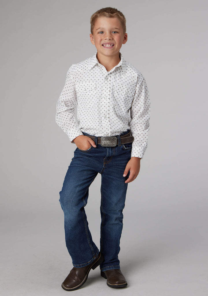 BOYS CREAM TAUPE MINI FLORAL PRINT LONG SLEEVE SNAP WESTERN SHIRT