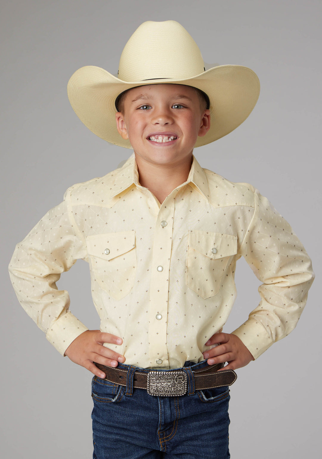 BOYS CREAM WHITE DIAMOND WALLPAPER PRINT LONG SLEEVE SNAP WESTERN SHIRT