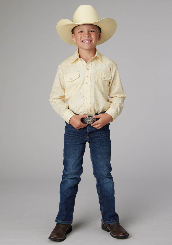 BOYS CREAM WHITE DIAMOND WALLPAPER PRINT LONG SLEEVE SNAP WESTERN SHIRT