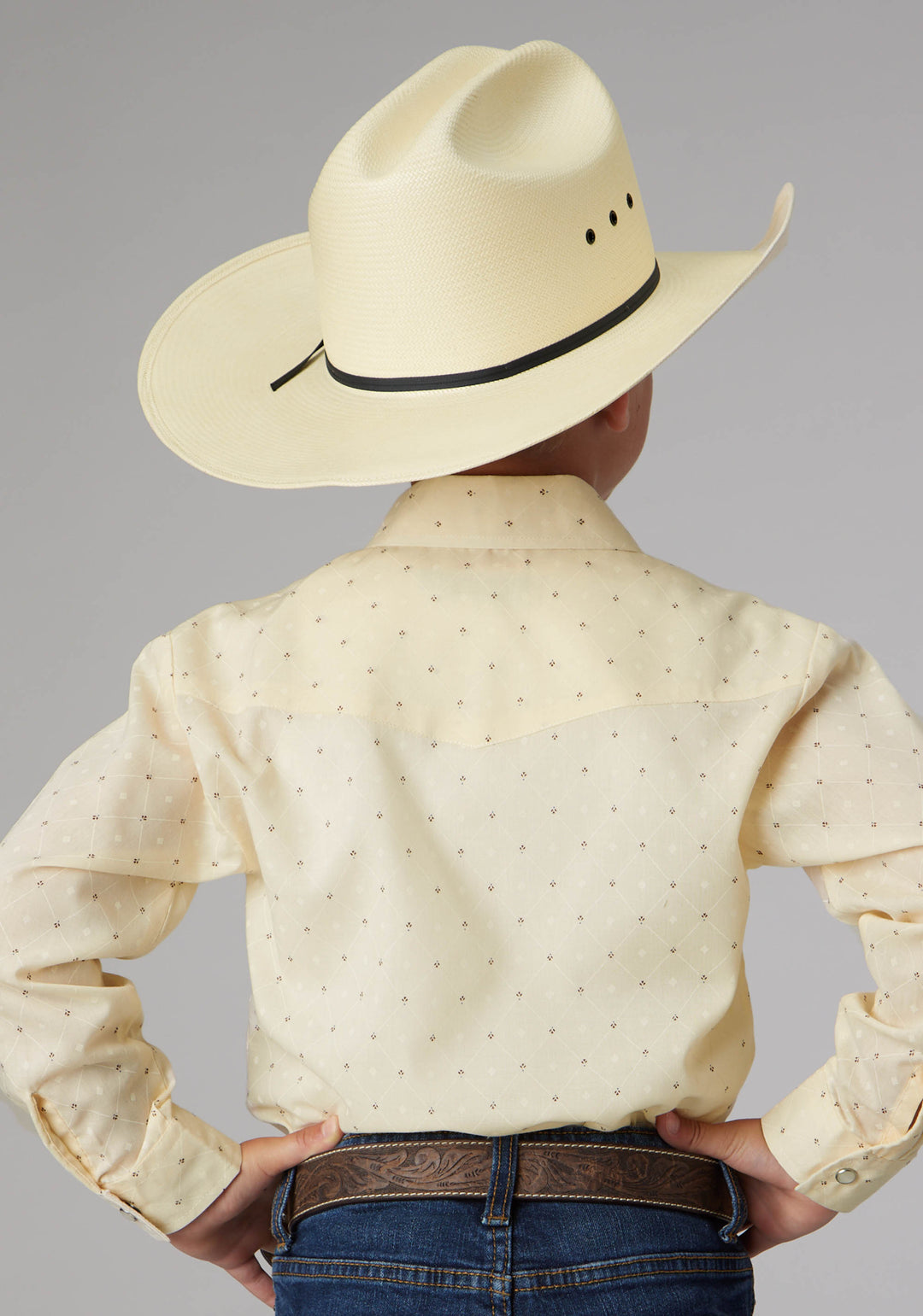 BOYS CREAM WHITE DIAMOND WALLPAPER PRINT LONG SLEEVE SNAP WESTERN SHIRT