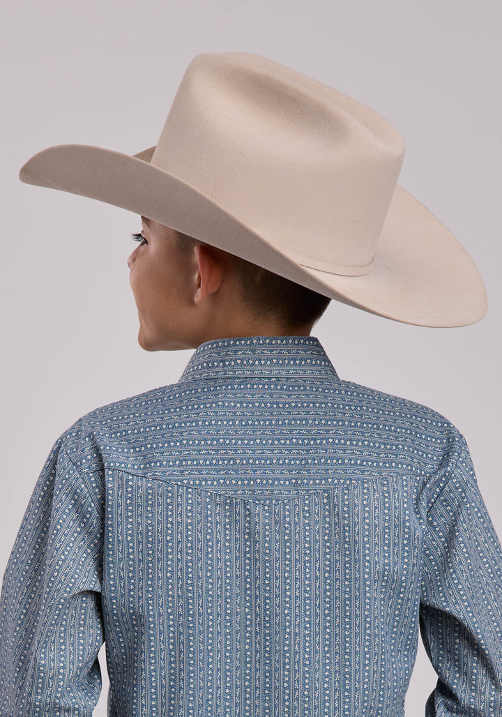 BOYS ROPER BLUE  CREAM FLORAL WALLPAPER STRIPE LONG SLEEVE SNAP SHIRT