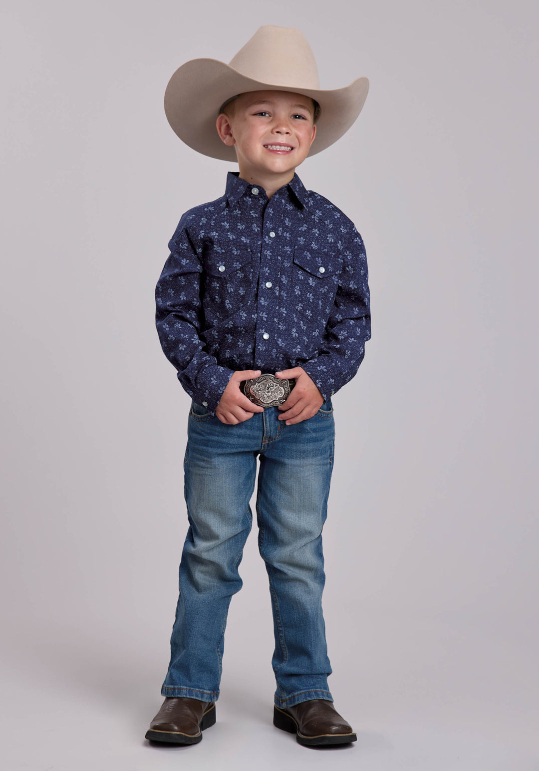 BOYS ROPER NAVY AND LIGHT GREY FLORAL PRINT WESTERN SNAP SHIRT