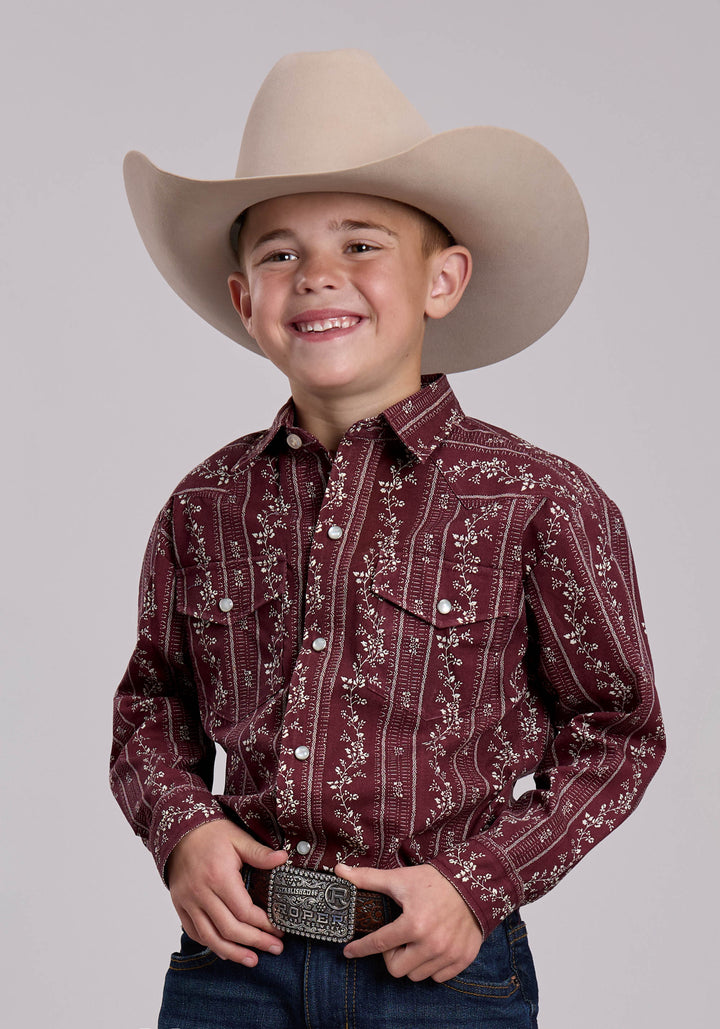 BOYS ROPER BRICK RED AND CREAM PRINT WESTERN SNAP SHIRT