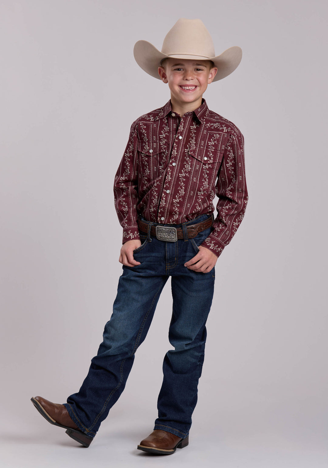 BOYS ROPER BRICK RED AND CREAM PRINT WESTERN SNAP SHIRT