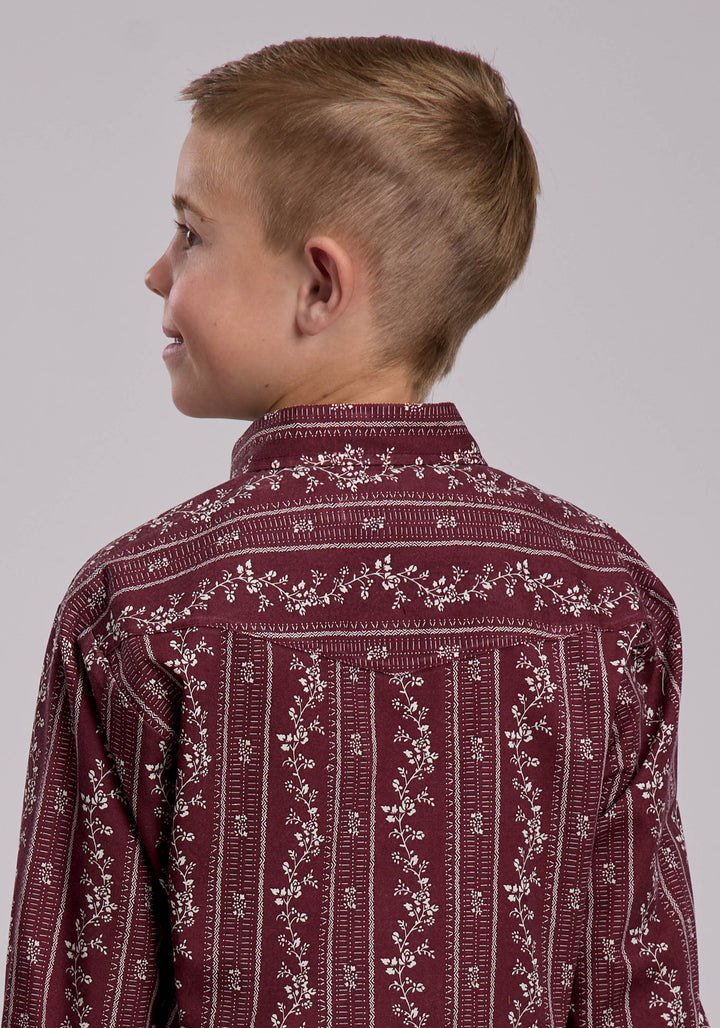 BOYS ROPER BRICK RED AND CREAM PRINT WESTERN SNAP SHIRT