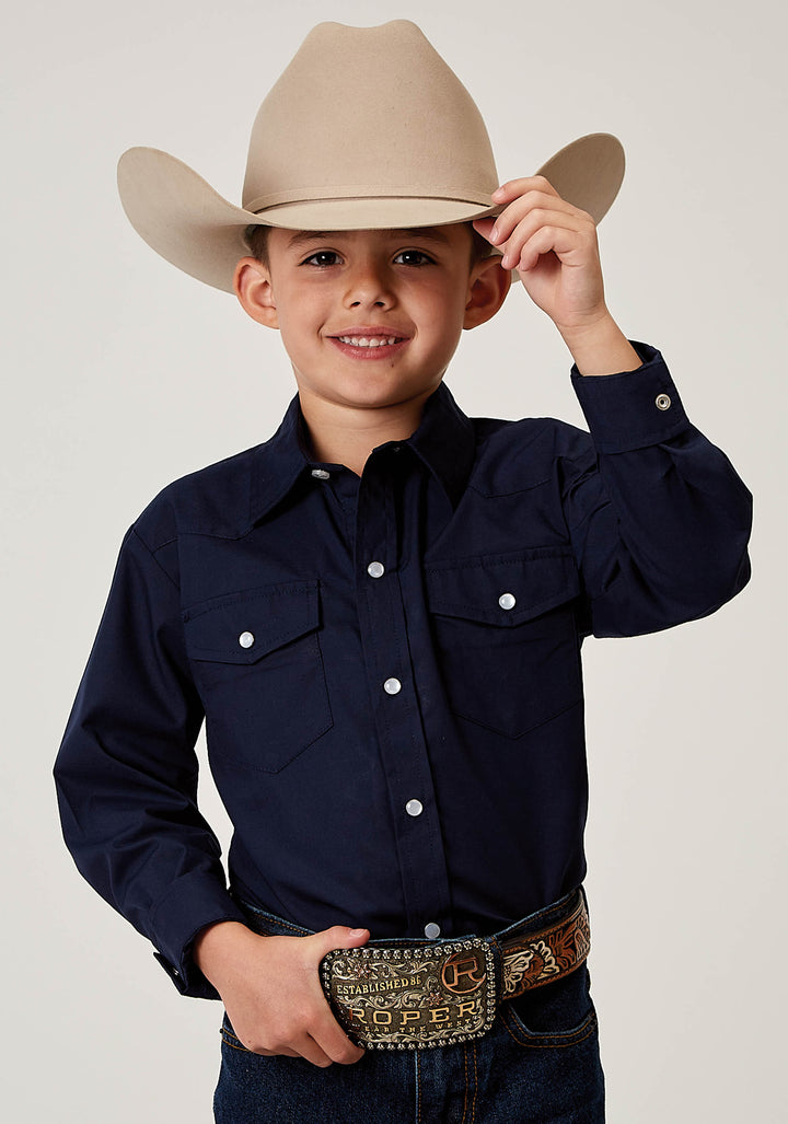 BOYS LONG SLEEVE SNAP SOLID BROADCLOTH DEEP NAVY WESTERN SHIRT