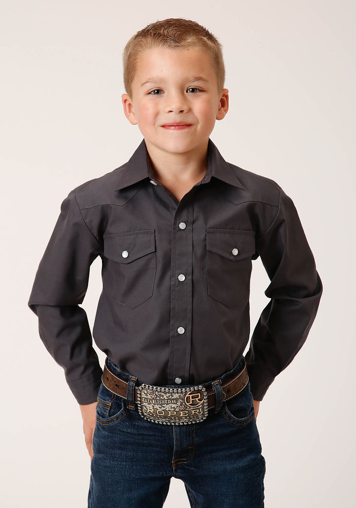 BOYS LONG SLEEVE SNAP SOLID BROADCLOTH  CHARCOAL WESTERN SHIRT