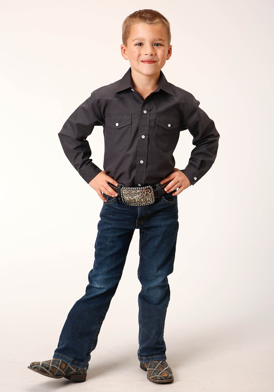 BOYS LONG SLEEVE SNAP SOLID BROADCLOTH  CHARCOAL WESTERN SHIRT