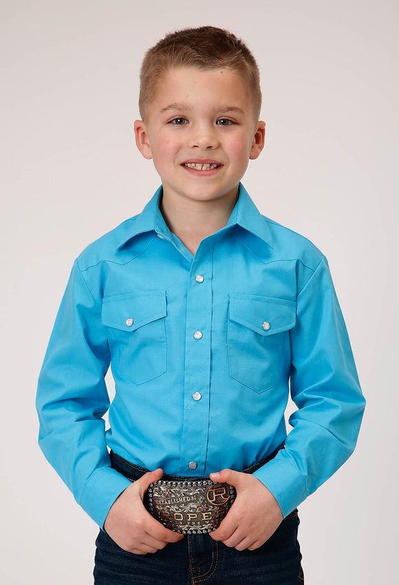 BOYS LONG SLEEVE SNAP SOLID BROADCLOTH  TURQUOISE WESTERN SHIRT