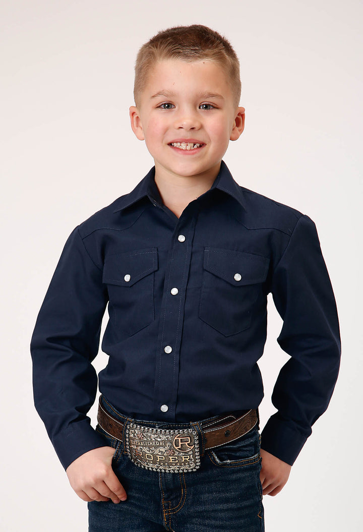 BOYS LONG SLEEVE SNAP SOLID BROADCLOTH  NAVY WESTERN SHIRT