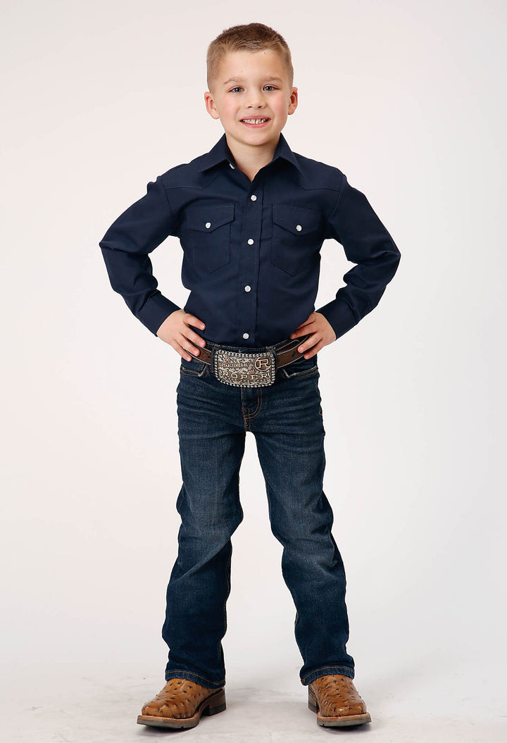 BOYS LONG SLEEVE SNAP SOLID BROADCLOTH  NAVY WESTERN SHIRT