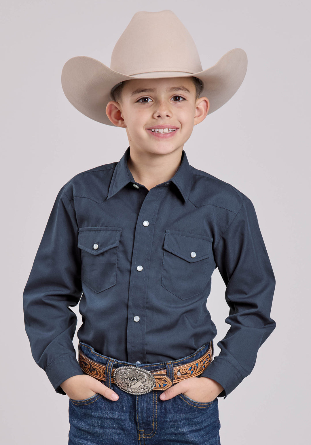 BOYS LONG SLEEVE SNAP SOLID BROADCLOTH - DEEP NAVY WESTERN SHIRT