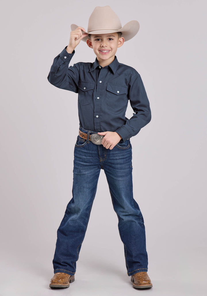 BOYS LONG SLEEVE SNAP SOLID BROADCLOTH - DEEP NAVY WESTERN SHIRT