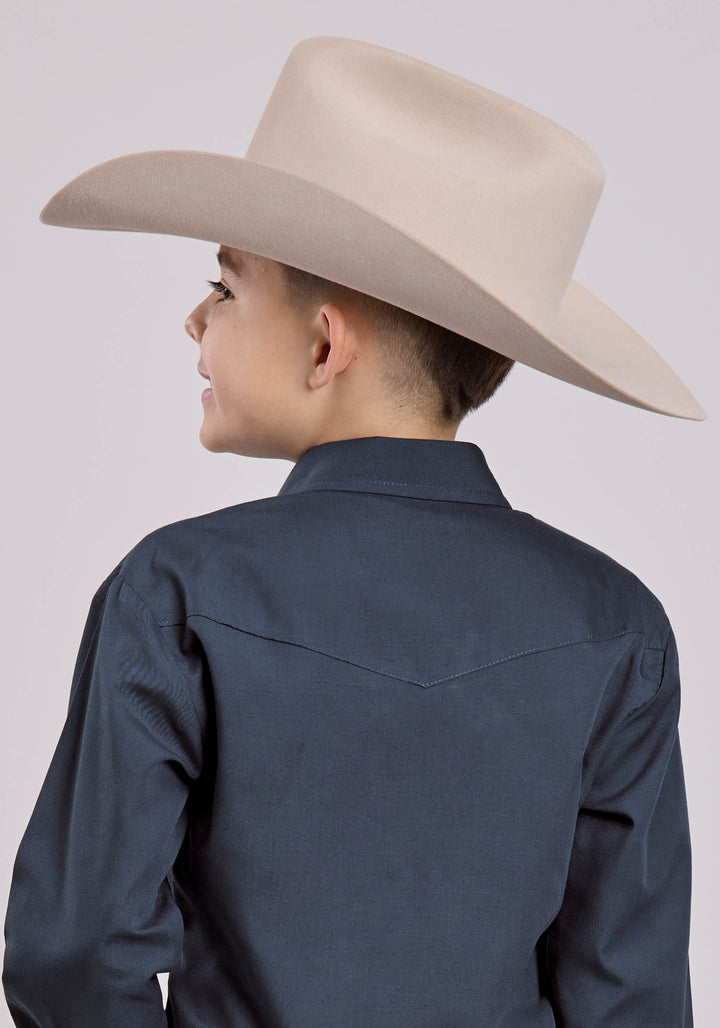 BOYS LONG SLEEVE SNAP SOLID BROADCLOTH - DEEP NAVY WESTERN SHIRT