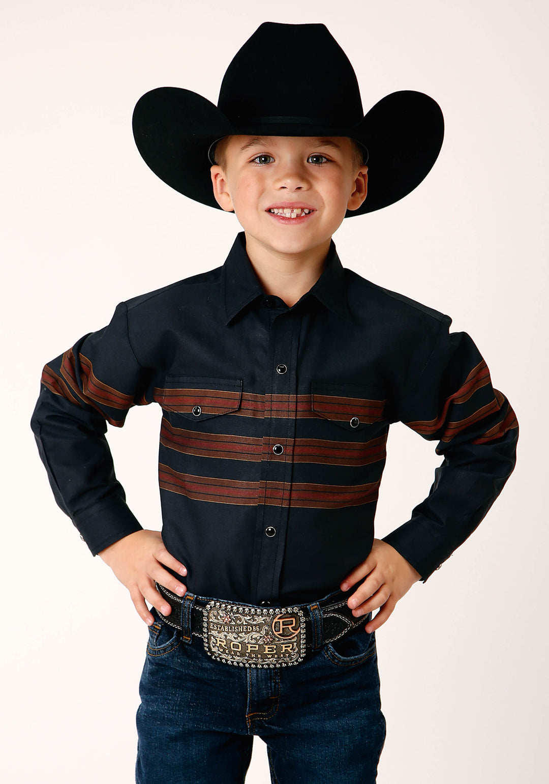 BOYS LONG SLEEVE SNAP BLACK W SADDLE BROWN BORDER STRIPE WESTERN SHIRT