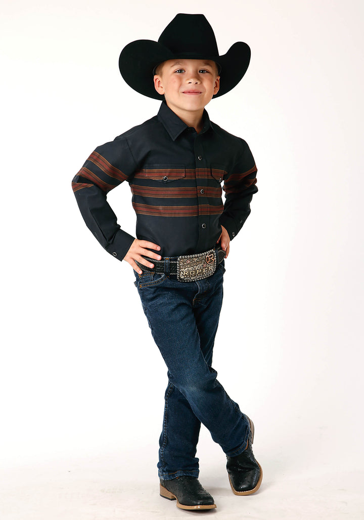 BOYS LONG SLEEVE SNAP BLACK W SADDLE BROWN BORDER STRIPE WESTERN SHIRT