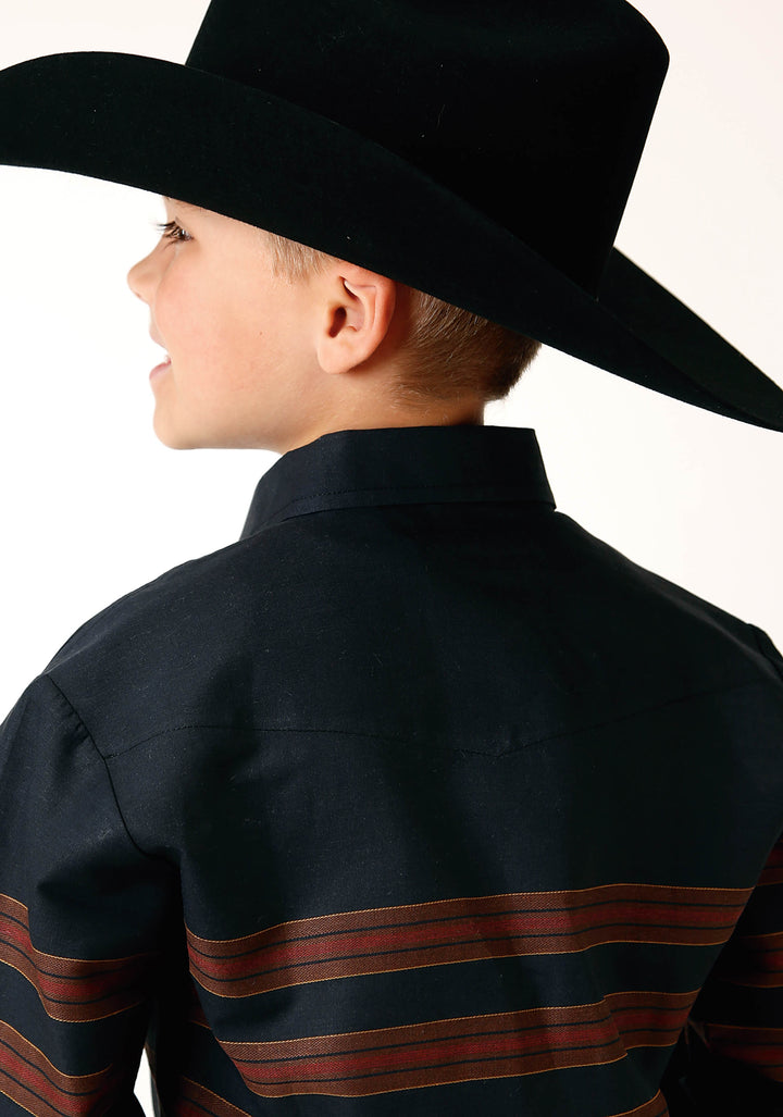 BOYS LONG SLEEVE SNAP BLACK W SADDLE BROWN BORDER STRIPE WESTERN SHIRT