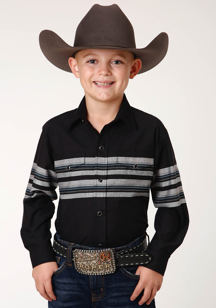 BOYS LONG SLEEVE SNAP BLACK AND GREY BORDER STRIPE WESTERN SHIRT