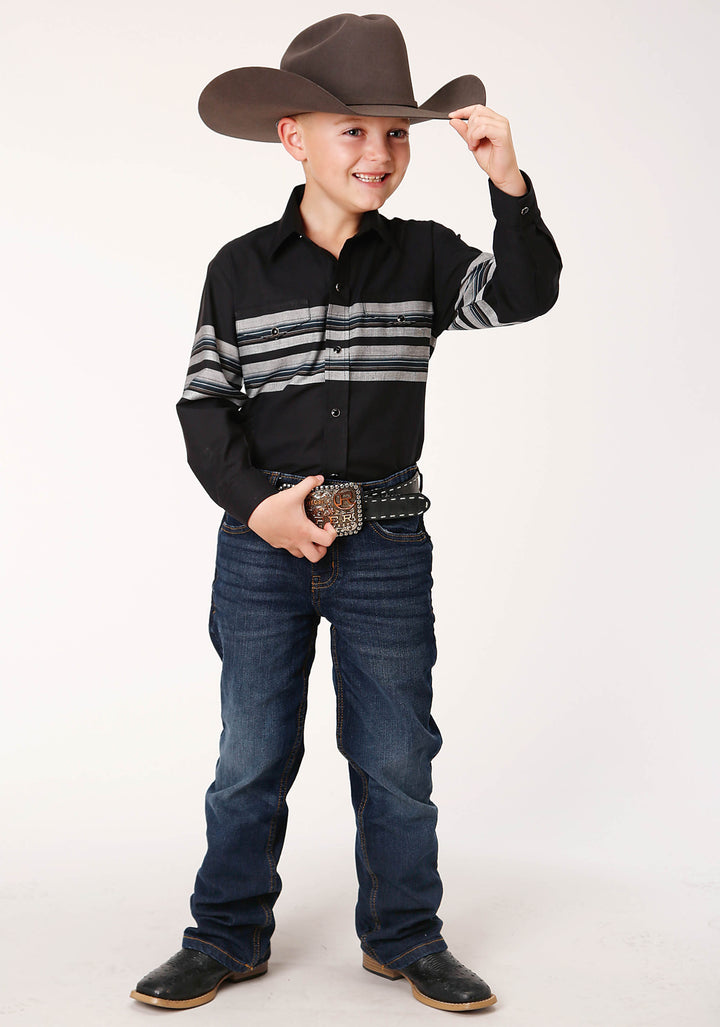 BOYS LONG SLEEVE SNAP BLACK AND GREY BORDER STRIPE WESTERN SHIRT