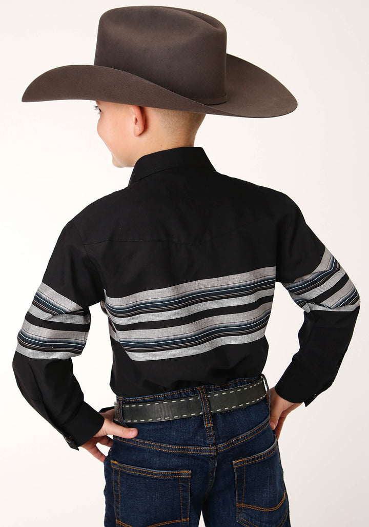 BOYS LONG SLEEVE SNAP BLACK AND GREY BORDER STRIPE WESTERN SHIRT