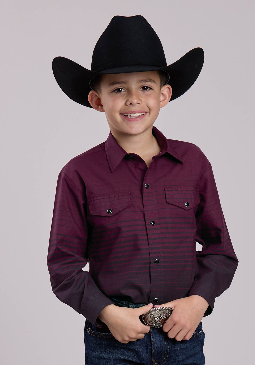BOYS ROPER WINE  BLACK BORDER STRIPE LONG SLEEVE SNAP SHIRT
