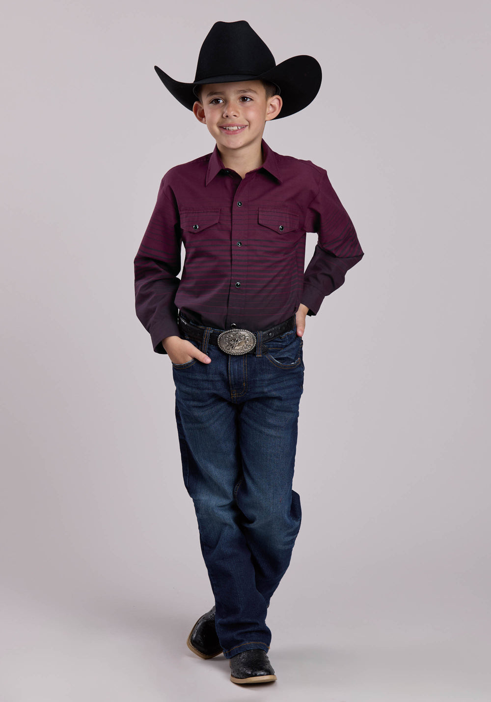 BOYS ROPER WINE  BLACK BORDER STRIPE LONG SLEEVE SNAP SHIRT