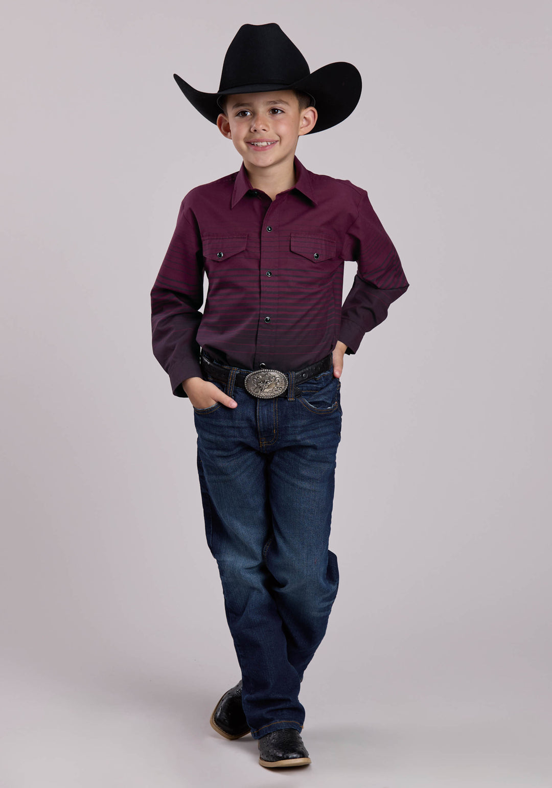 BOYS ROPER WINE  BLACK BORDER STRIPE LONG SLEEVE SNAP SHIRT