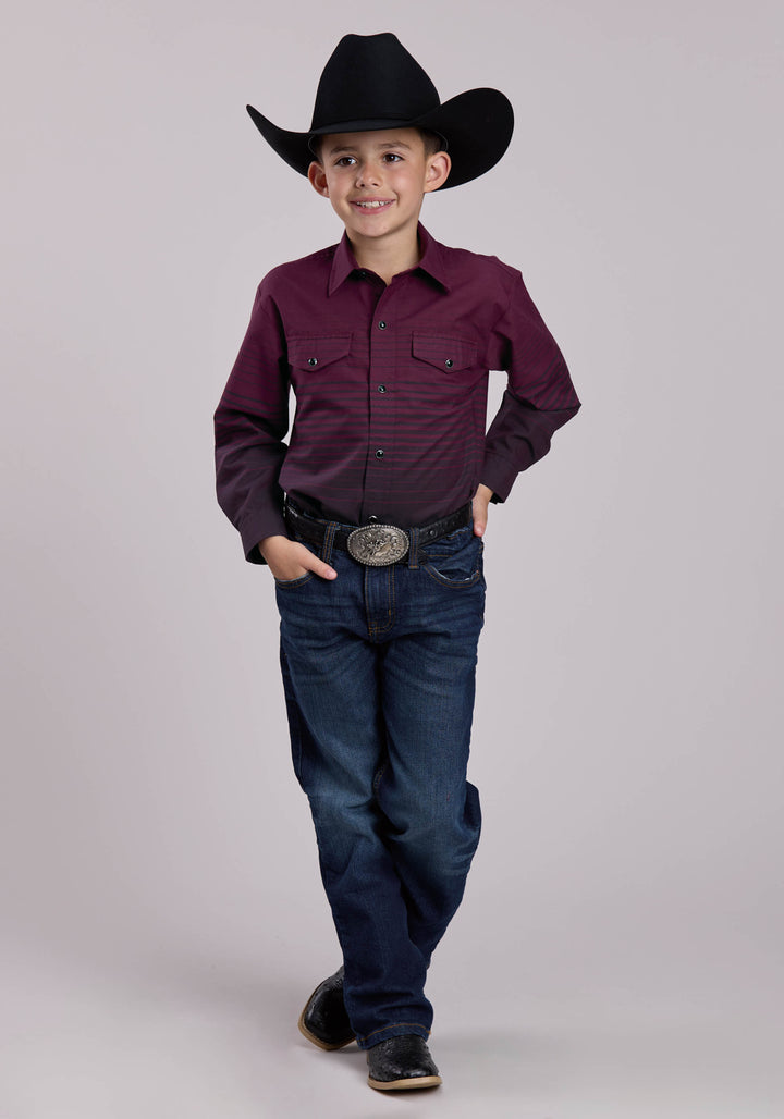 BOYS ROPER WINE  BLACK BORDER STRIPE LONG SLEEVE SNAP SHIRT