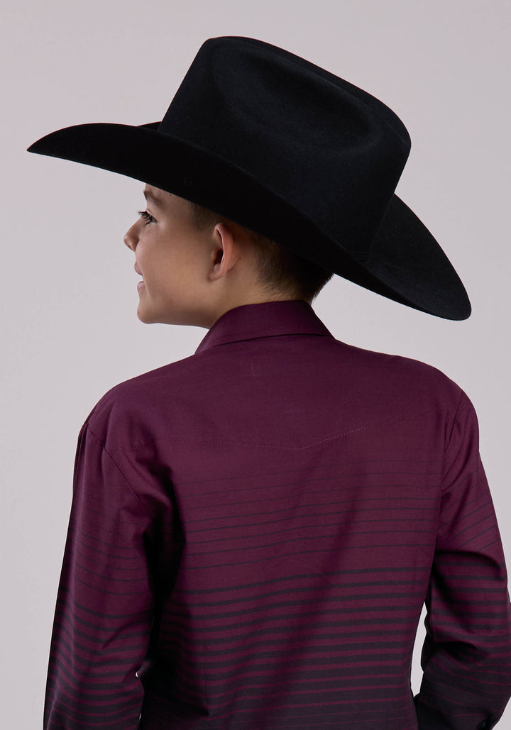 BOYS ROPER WINE  BLACK BORDER STRIPE LONG SLEEVE SNAP SHIRT