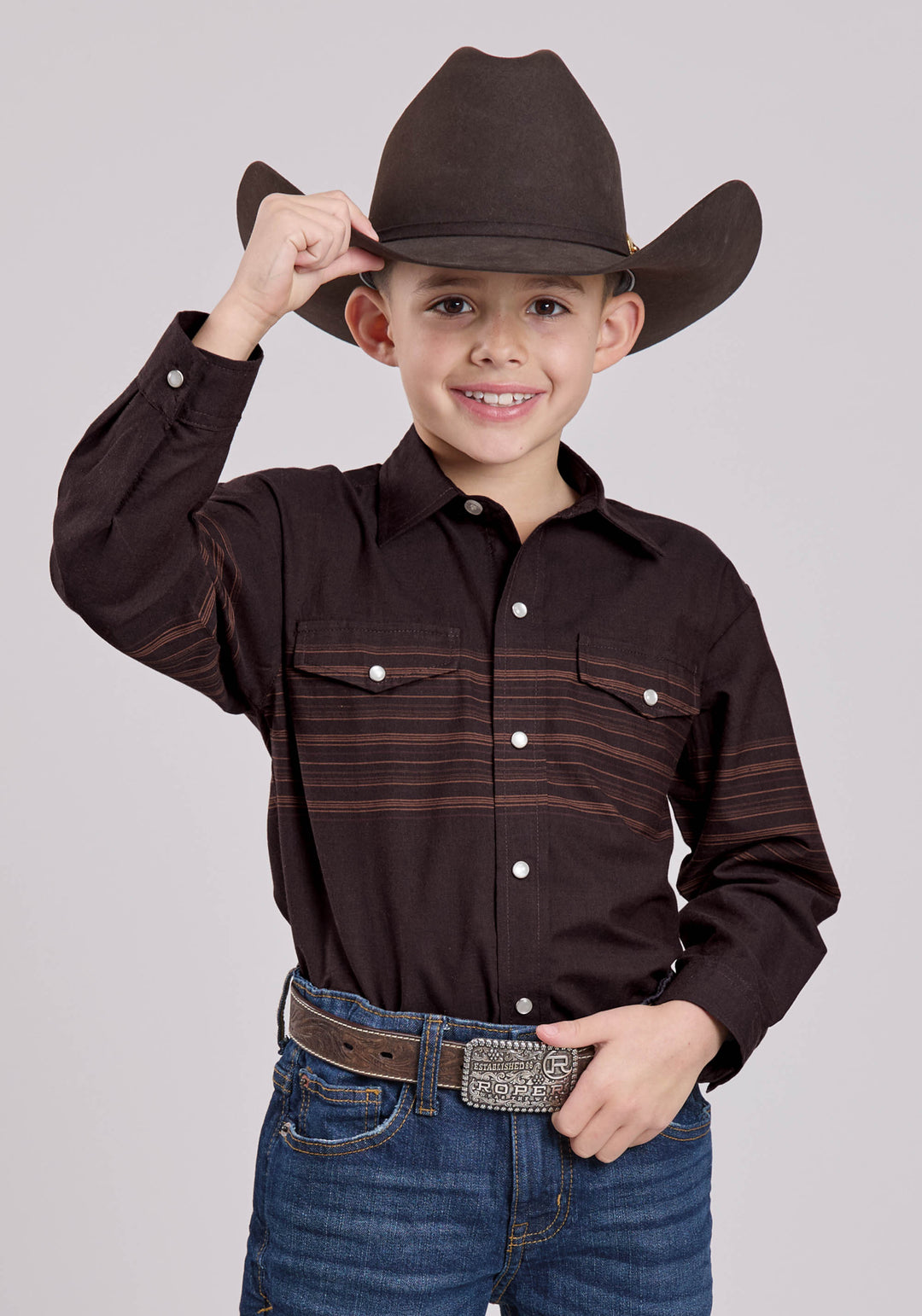 BOYS LONG SLEEVE SNAP CHOCOLATE SADDLE BROWN BORDER STRP WESTERN SHIRT