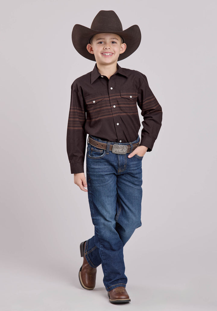 BOYS LONG SLEEVE SNAP CHOCOLATE SADDLE BROWN BORDER STRP WESTERN SHIRT