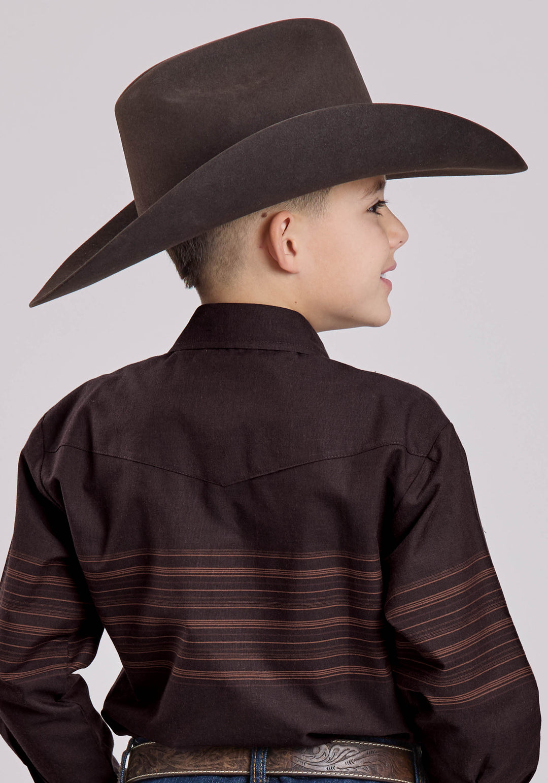 BOYS LONG SLEEVE SNAP CHOCOLATE SADDLE BROWN BORDER STRP WESTERN SHIRT